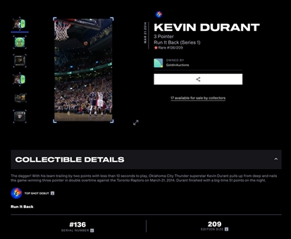 2013-14 NBA Top Shot "Run It Back" (Series 1) Kevin Durant 3 Pointer (#136/209)